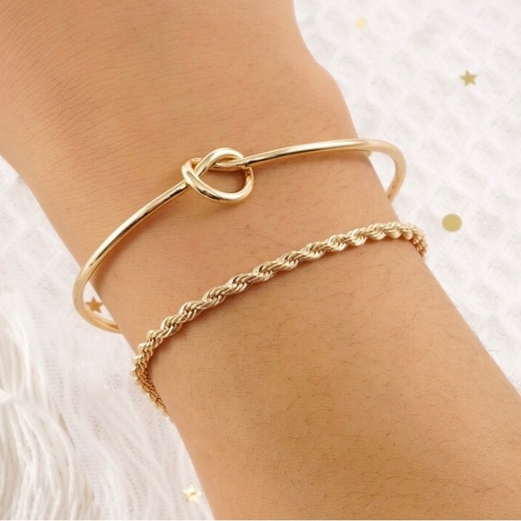 BOGO! Set of 2 stacking bracelets in Gold color Knot cuff and chain NEW Boutique - Picture 1 of 6